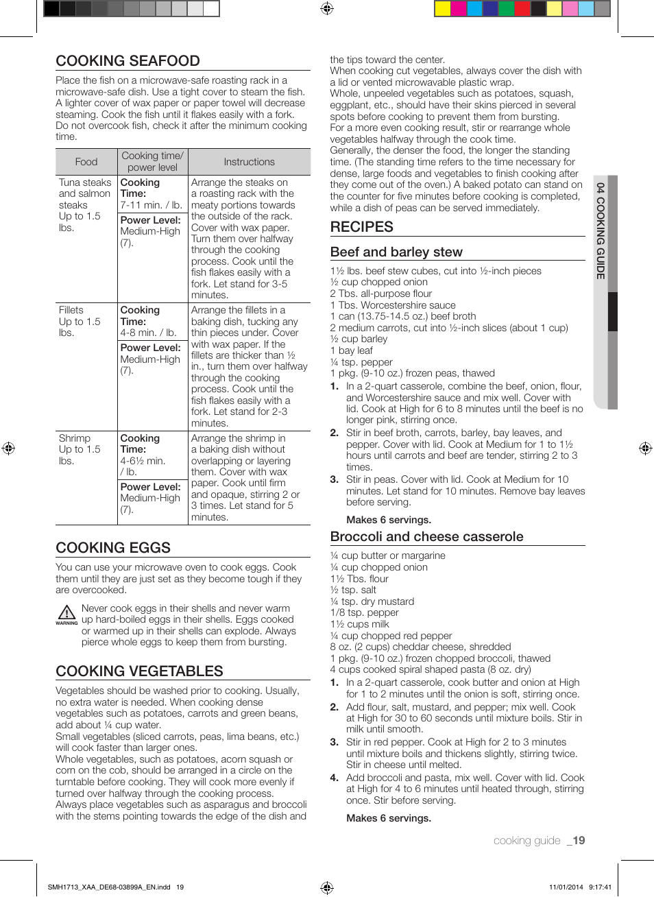 Cooking seafood, Cooking eggs, Cooking vegetables | Recipes, Beef and barley stew, Broccoli and cheese casserole | Samsung SMH1713W-XAA User Manual | Page 19 / 52
