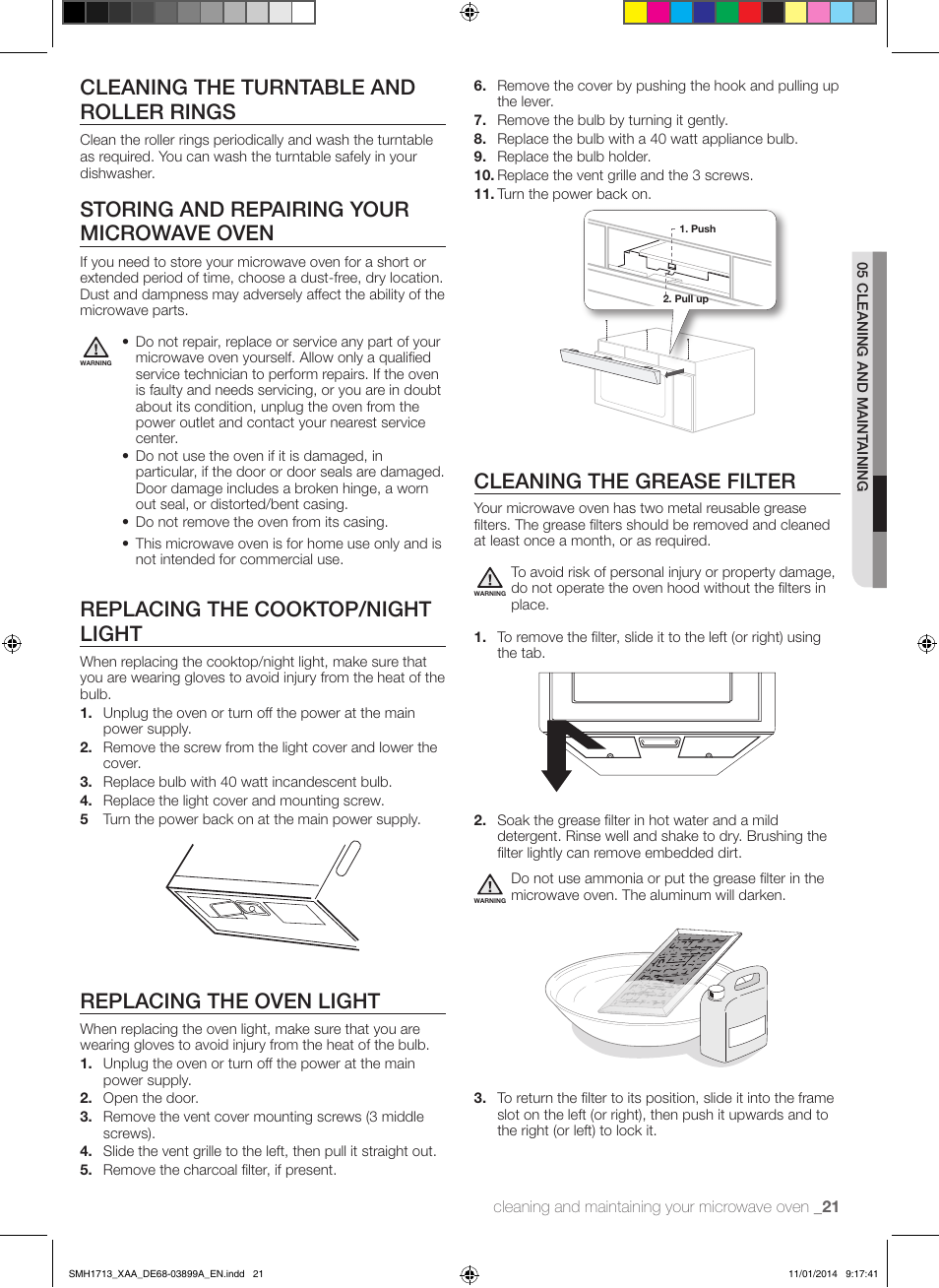 Cleaning the grease filter, Cleaning the turntable and roller rings, Storing and repairing your microwave oven | Replacing the cooktop/night light, Replacing the oven light | Samsung SMH1713W-XAA User Manual | Page 21 / 52