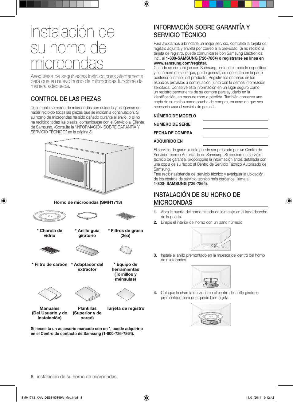 Instalación de su horno de microondas, Control de las piezas, Información sobre garantía y servicio técnico | Samsung SMH1713W-XAA User Manual | Page 34 / 52