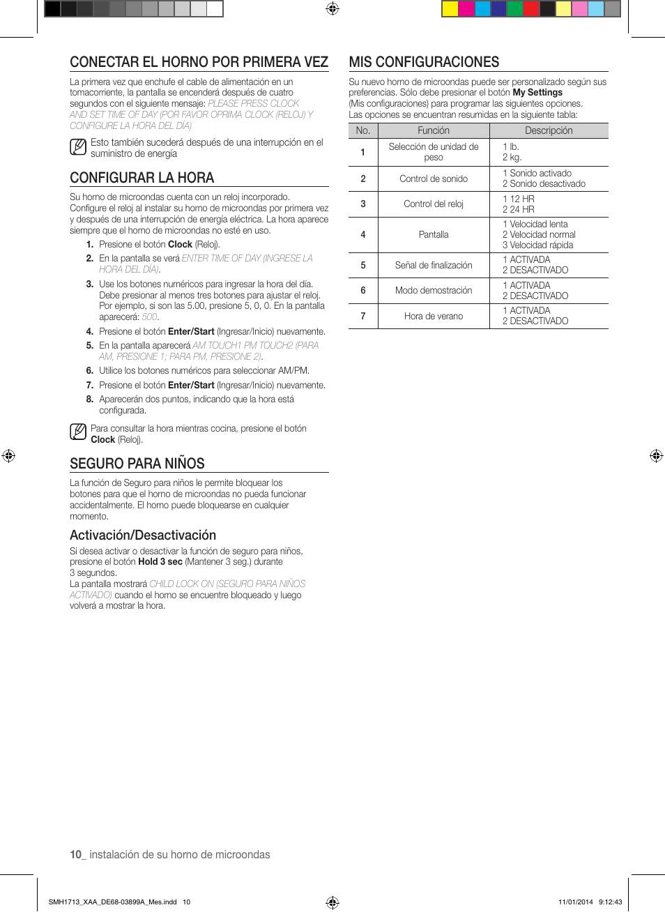 Conectar el horno por primera vez, Configurar la hora, Seguro para niños | Mis configuraciones, Activación/desactivación | Samsung SMH1713W-XAA User Manual | Page 36 / 52