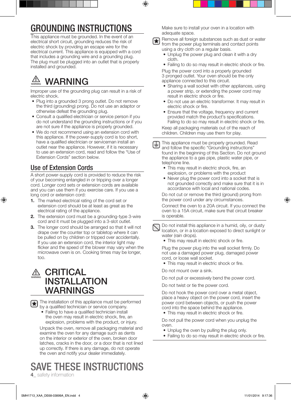 Save these instructions, Grounding instructions, Warning | Critical installation warnings, Use of extension cords | Samsung SMH1713W-XAA User Manual | Page 4 / 52