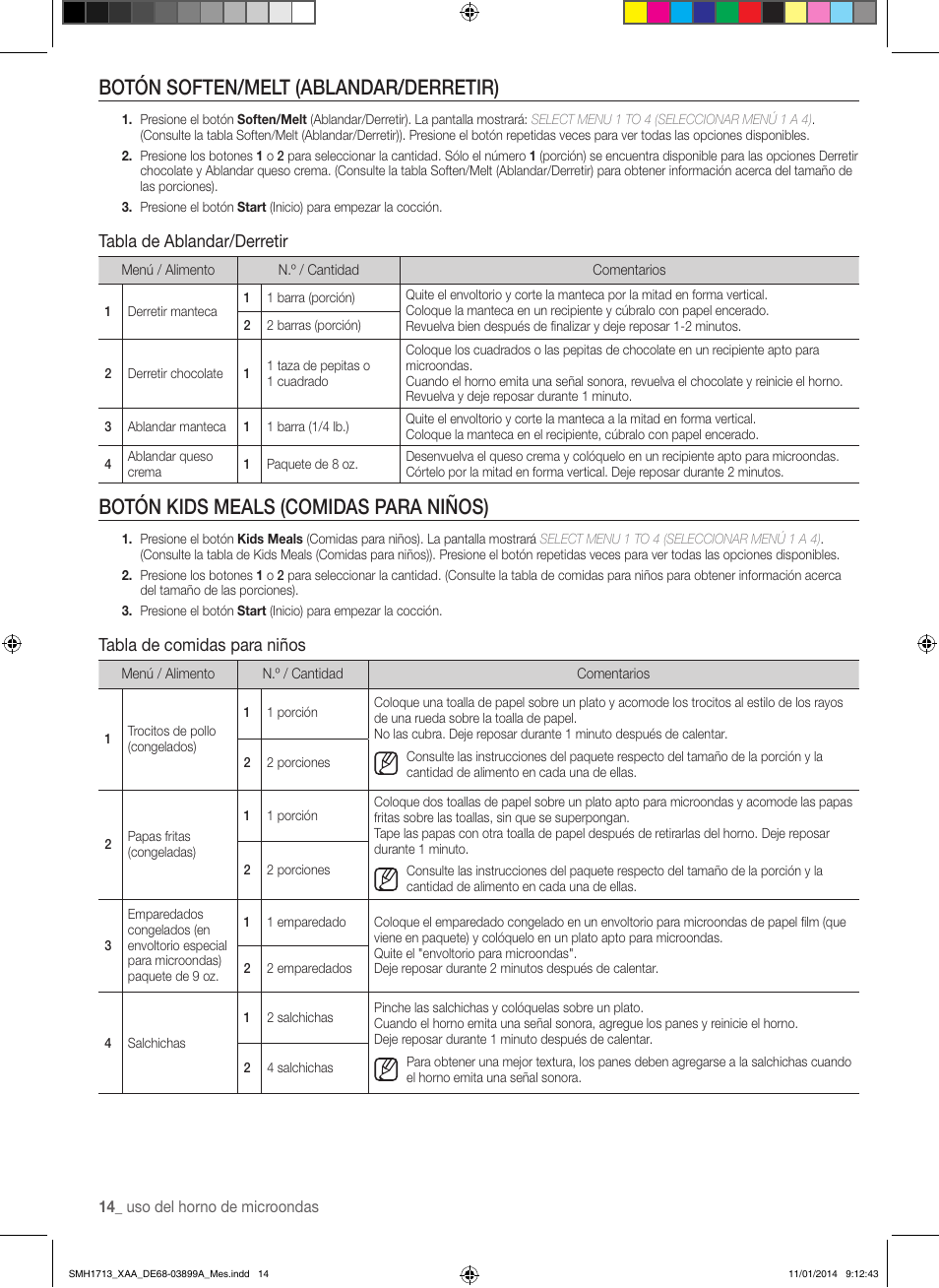 Botón soften/melt (ablandar/derretir), Botón kids meals (comidas para niños), Tabla de ablandar/derretir | Tabla de comidas para niños | Samsung SMH1713W-XAA User Manual | Page 40 / 52