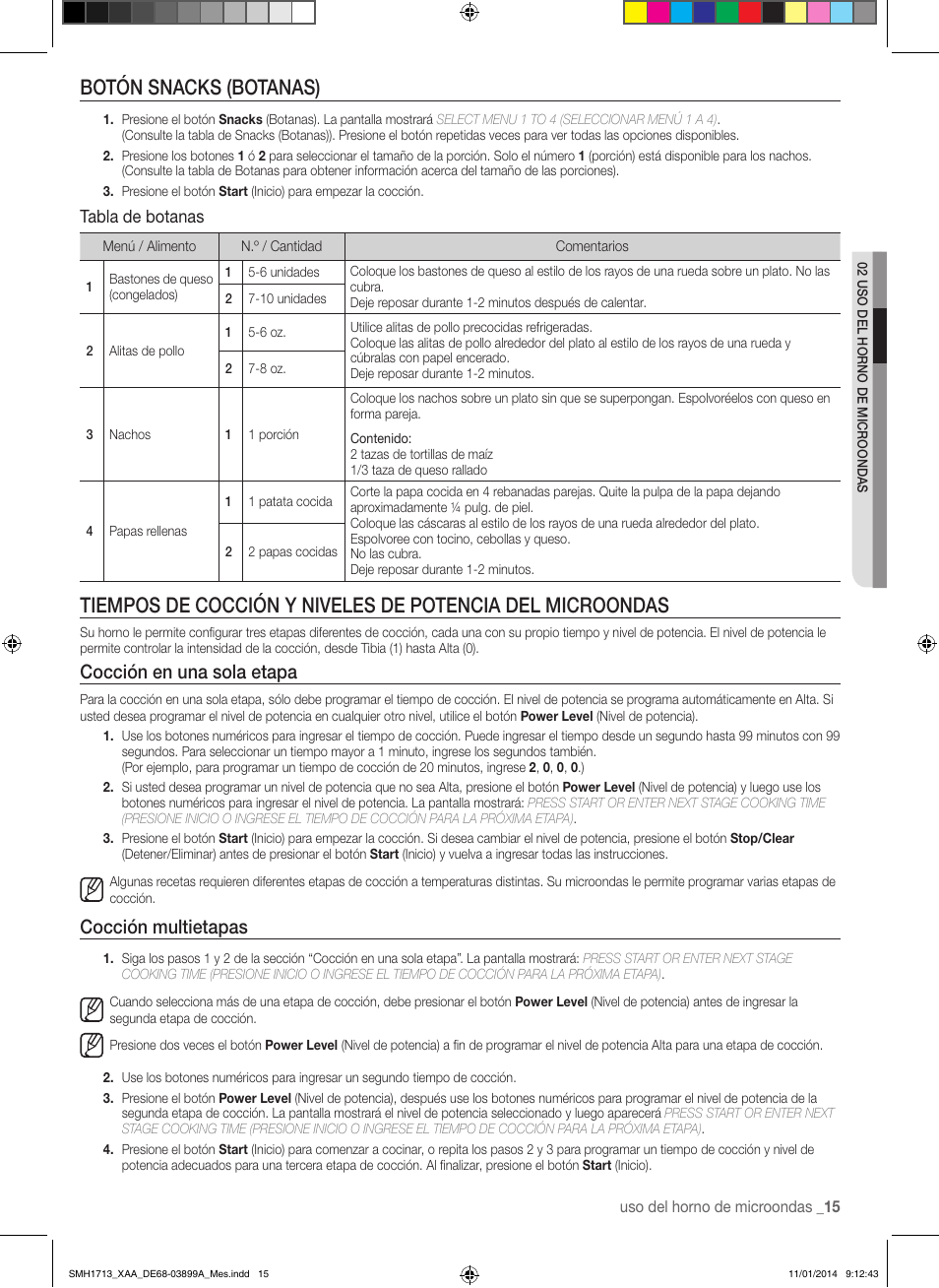 Botón snacks (botanas), Cocción en una sola etapa, Cocción multietapas | Tabla de botanas | Samsung SMH1713W-XAA User Manual | Page 41 / 52