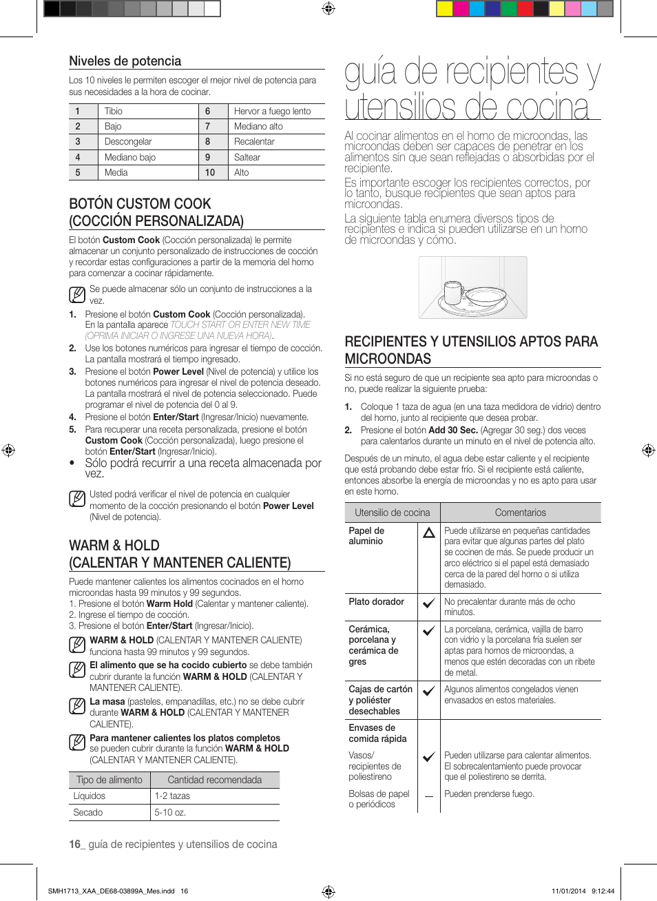 Guía de recipientes y utensilios de cocina, Recipientes y utensilios aptos para microondas, Botón custom cook (cocción personalizada) | Warm & hold (calentar y mantener caliente), Niveles de potencia | Samsung SMH1713W-XAA User Manual | Page 42 / 52