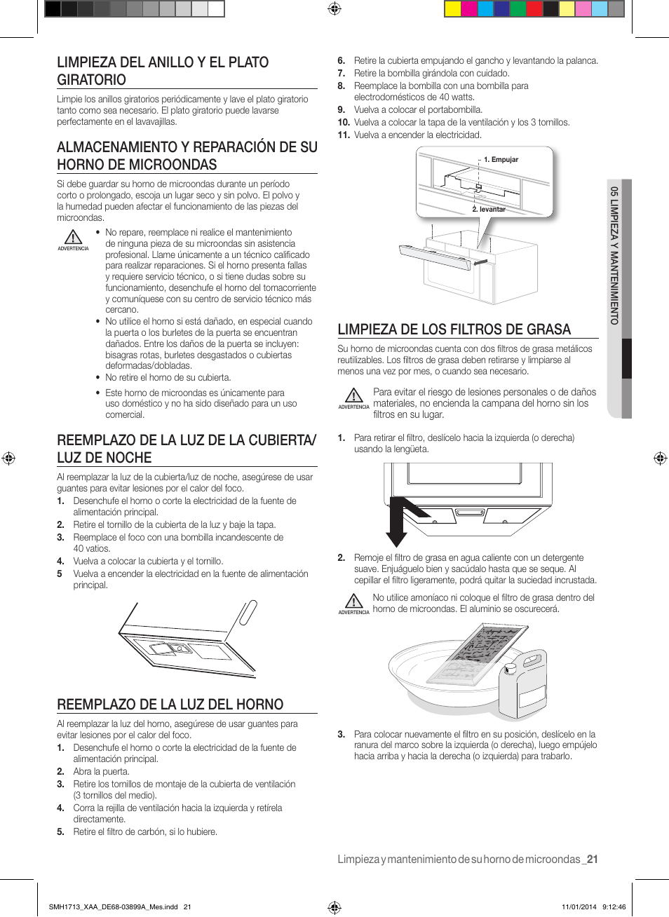 Limpieza de los filtros de grasa, Limpieza del anillo y el plato giratorio, Reemplazo de la luz de la cubierta/ luz de noche | Reemplazo de la luz del horno | Samsung SMH1713W-XAA User Manual | Page 47 / 52
