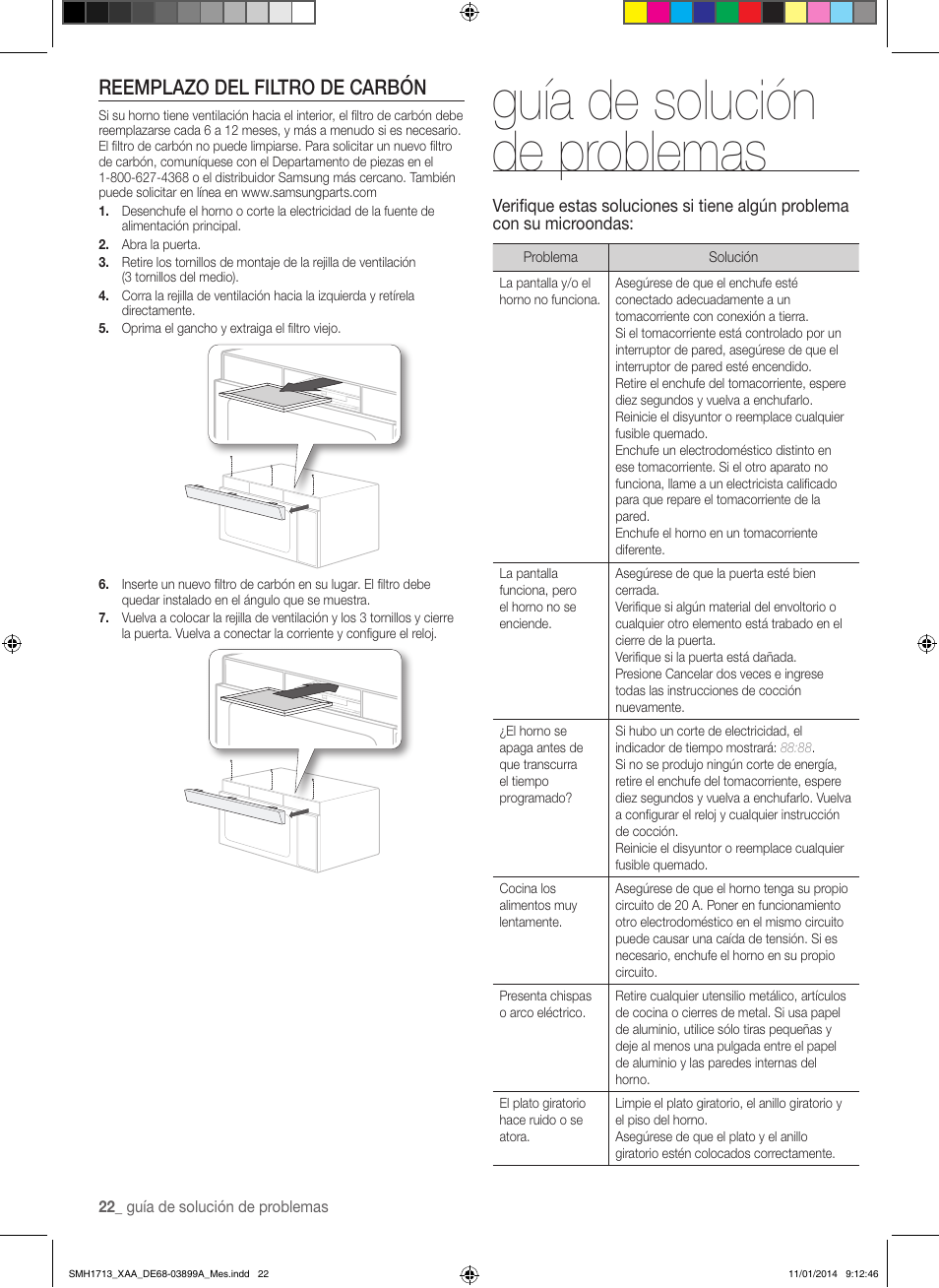 Guía de solución de problemas, Reemplazo del filtro de carbón | Samsung SMH1713W-XAA User Manual | Page 48 / 52