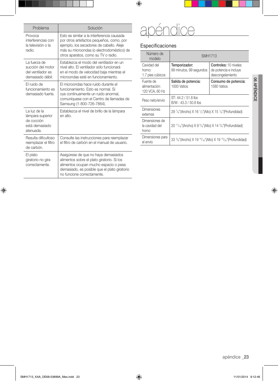 Apéndice, Especificaciones | Samsung SMH1713W-XAA User Manual | Page 49 / 52
