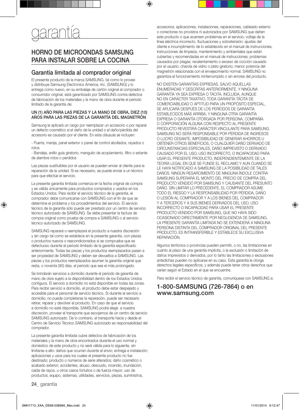 Garantía, Garantía limitada al comprador original | Samsung SMH1713W-XAA User Manual | Page 50 / 52