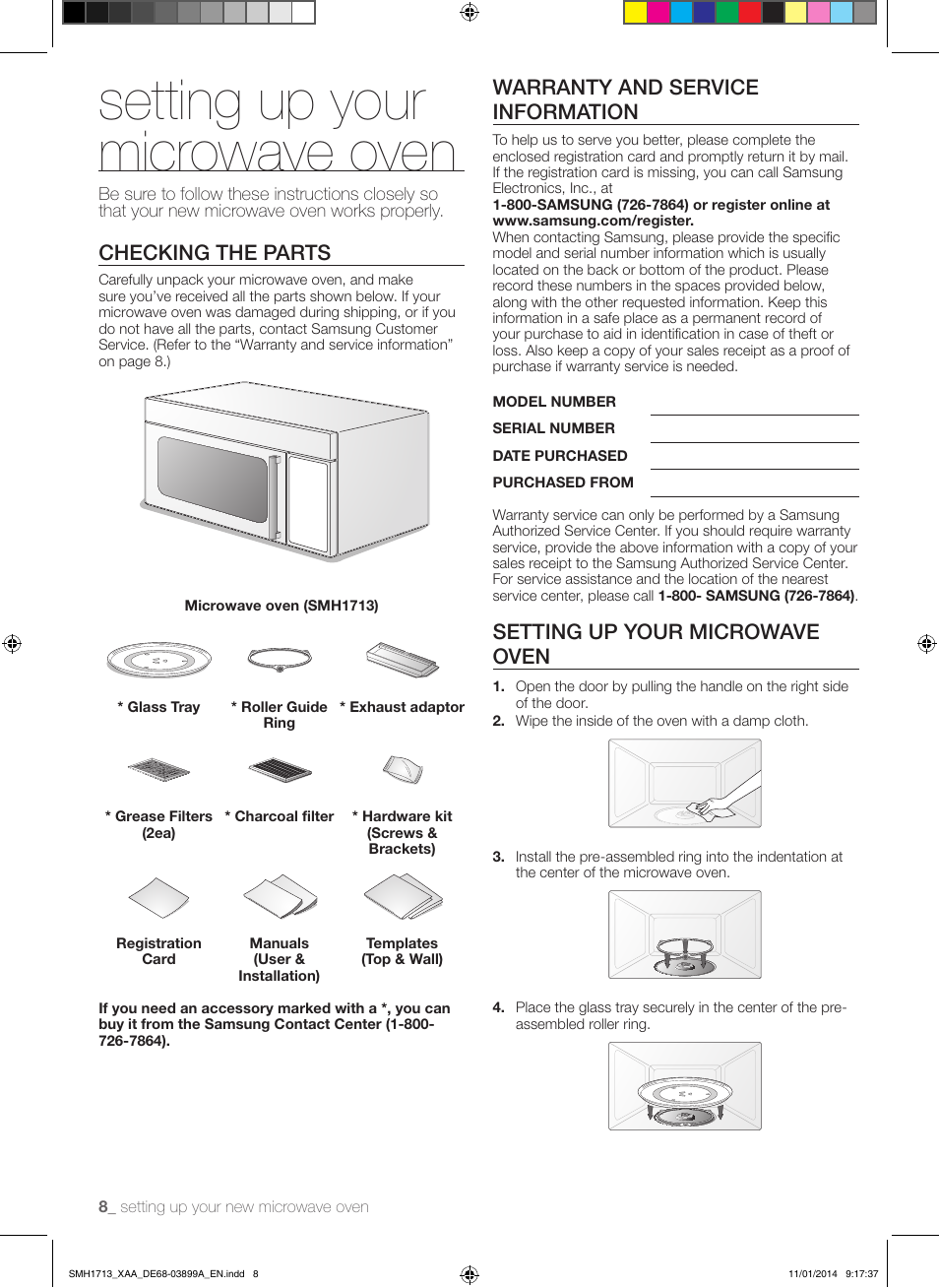 Setting up your microwave oven, Checking the parts, Warranty and service information | Samsung SMH1713W-XAA User Manual | Page 8 / 52