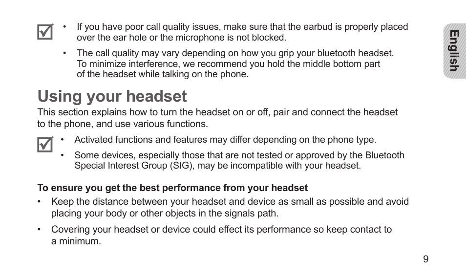 Using your headset | Samsung BHM5000NBACSTA User Manual | Page 11 / 70