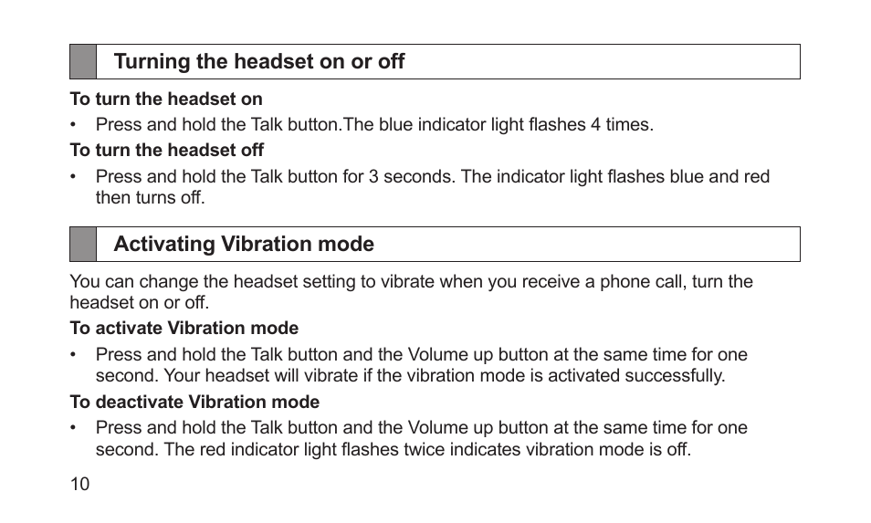 Turning the headset on or off, Activating vibration mode | Samsung BHM5000NBACSTA User Manual | Page 12 / 70