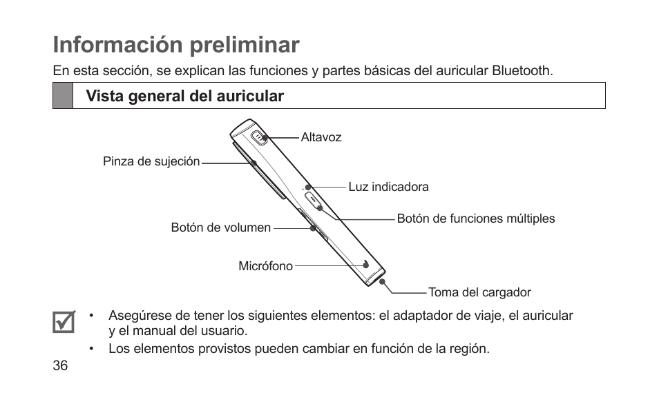 Información preliminar, Vista general del auricular | Samsung BHM5000NBACSTA User Manual | Page 38 / 70