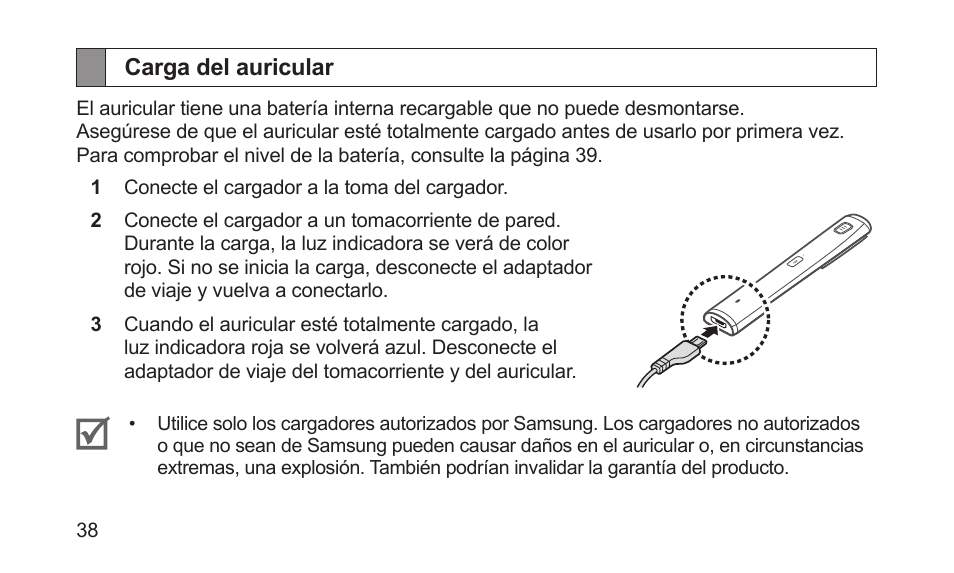 Carga del auricular | Samsung BHM5000NBACSTA User Manual | Page 40 / 70