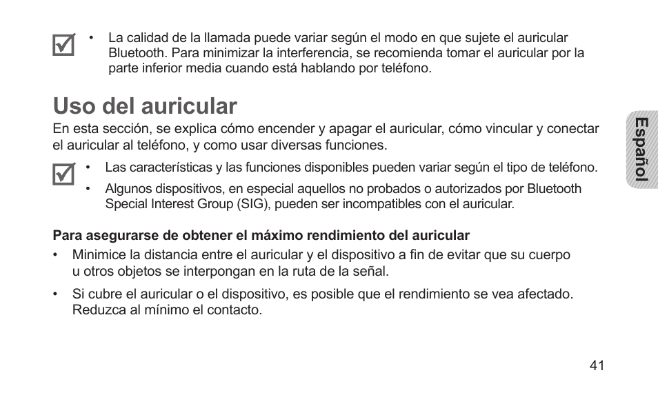 Uso del auricular | Samsung BHM5000NBACSTA User Manual | Page 43 / 70