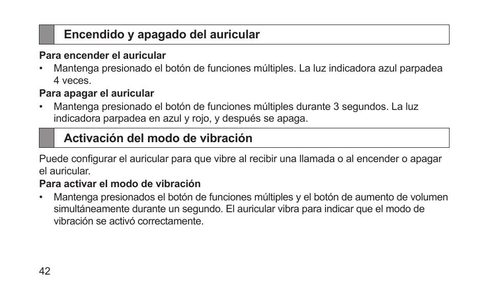 Encendido y apagado del auricular, Activación del modo de vibración | Samsung BHM5000NBACSTA User Manual | Page 44 / 70