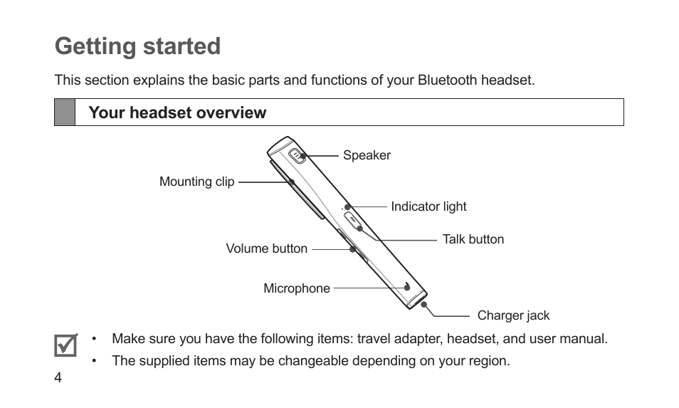 Getting started, Your headset overview | Samsung BHM5000NBACSTA User Manual | Page 6 / 70