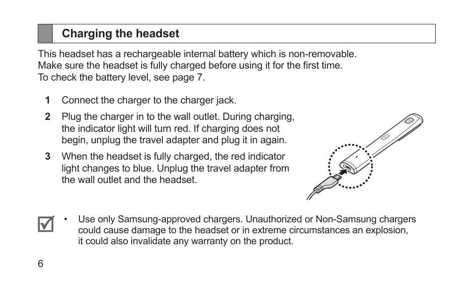 Charging the headset | Samsung BHM5000NBACSTA User Manual | Page 8 / 70