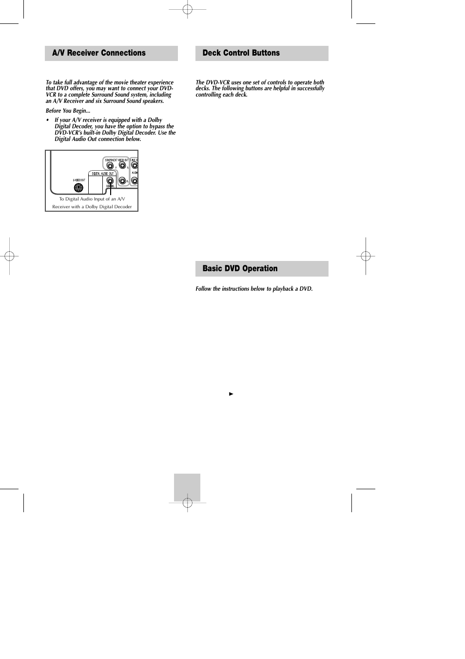 Dvd sound setup, A/v receiver connections, Basic operation | Deck control buttons, Basic dvd operation, Basic dvd operation deck control buttons | Samsung DVD-V4600A-XAA User Manual | Page 10 / 36