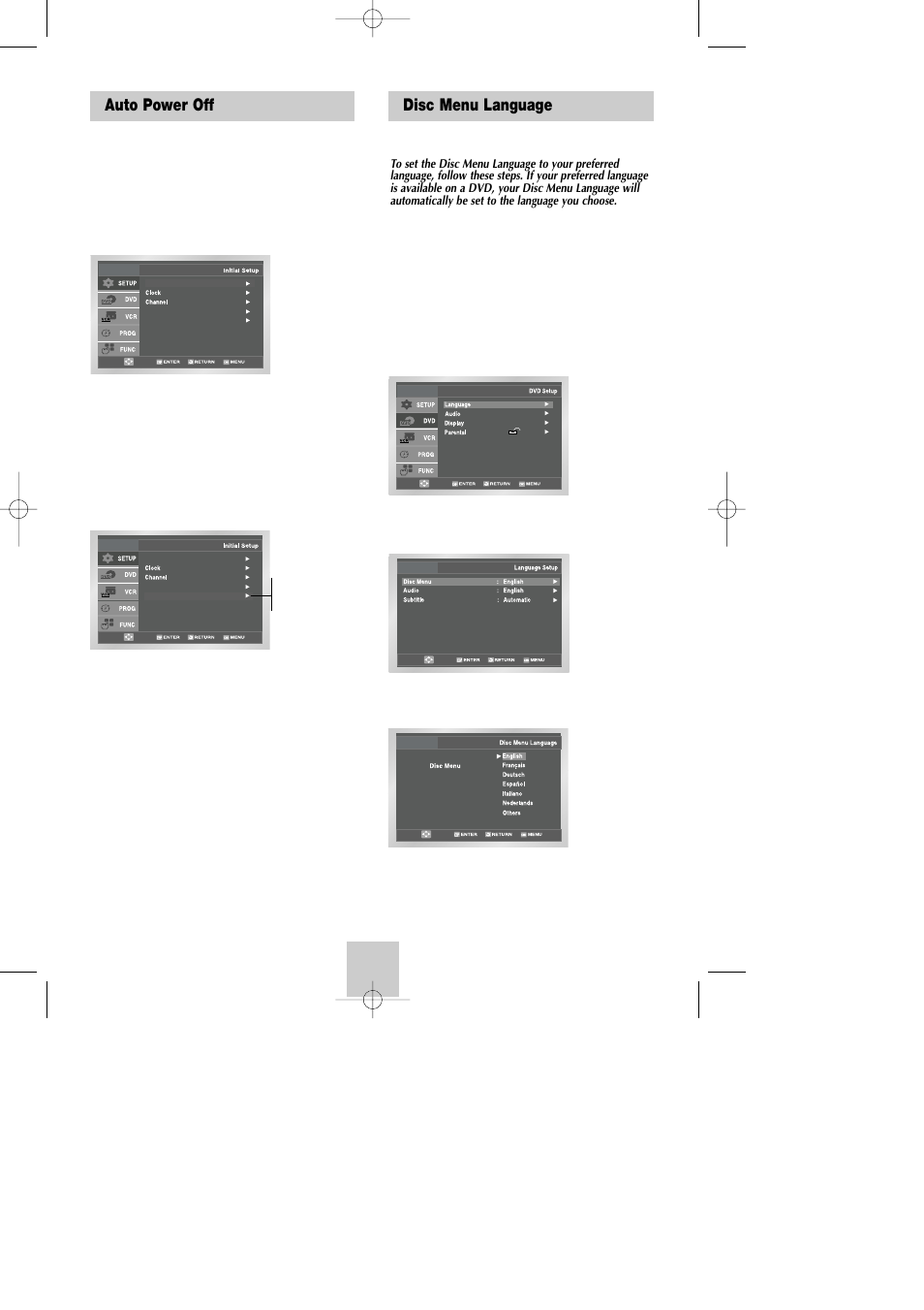 Auto power off, Dvd setup, Disc menu language | Samsung DVD-V4600A-XAA User Manual | Page 15 / 36