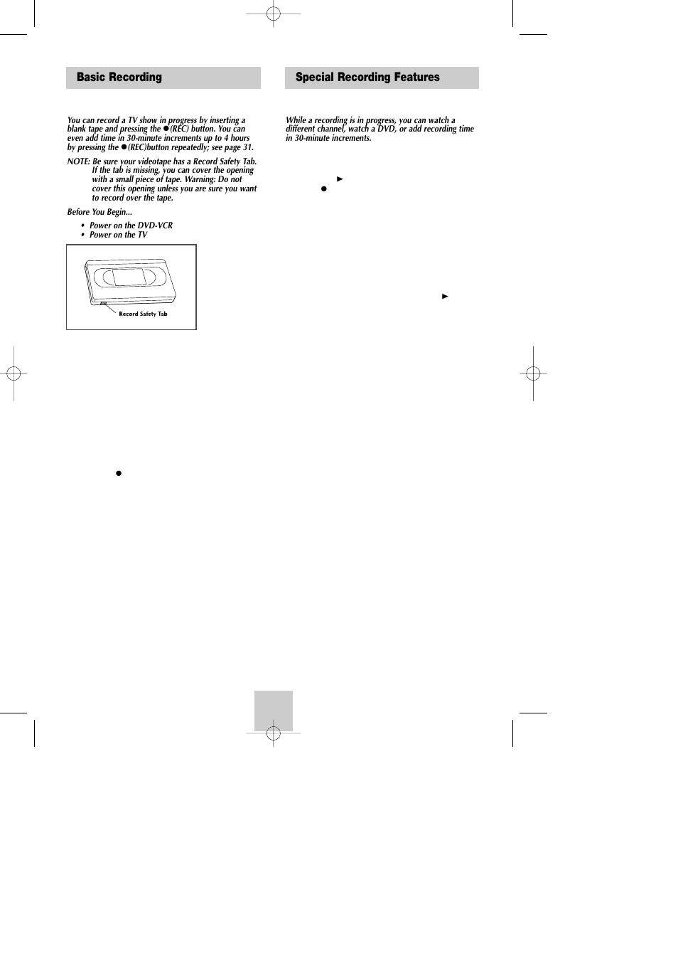 Vcr recording, Basic recording, Special recording features | Samsung DVD-V4600A-XAA User Manual | Page 31 / 36