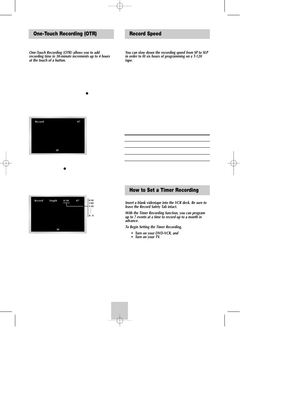 One-touch recording (otr), Record speed, Timer recording | How to set a timer recording, Record speed how to set a timer recording | Samsung DVD-V4600A-XAA User Manual | Page 32 / 36