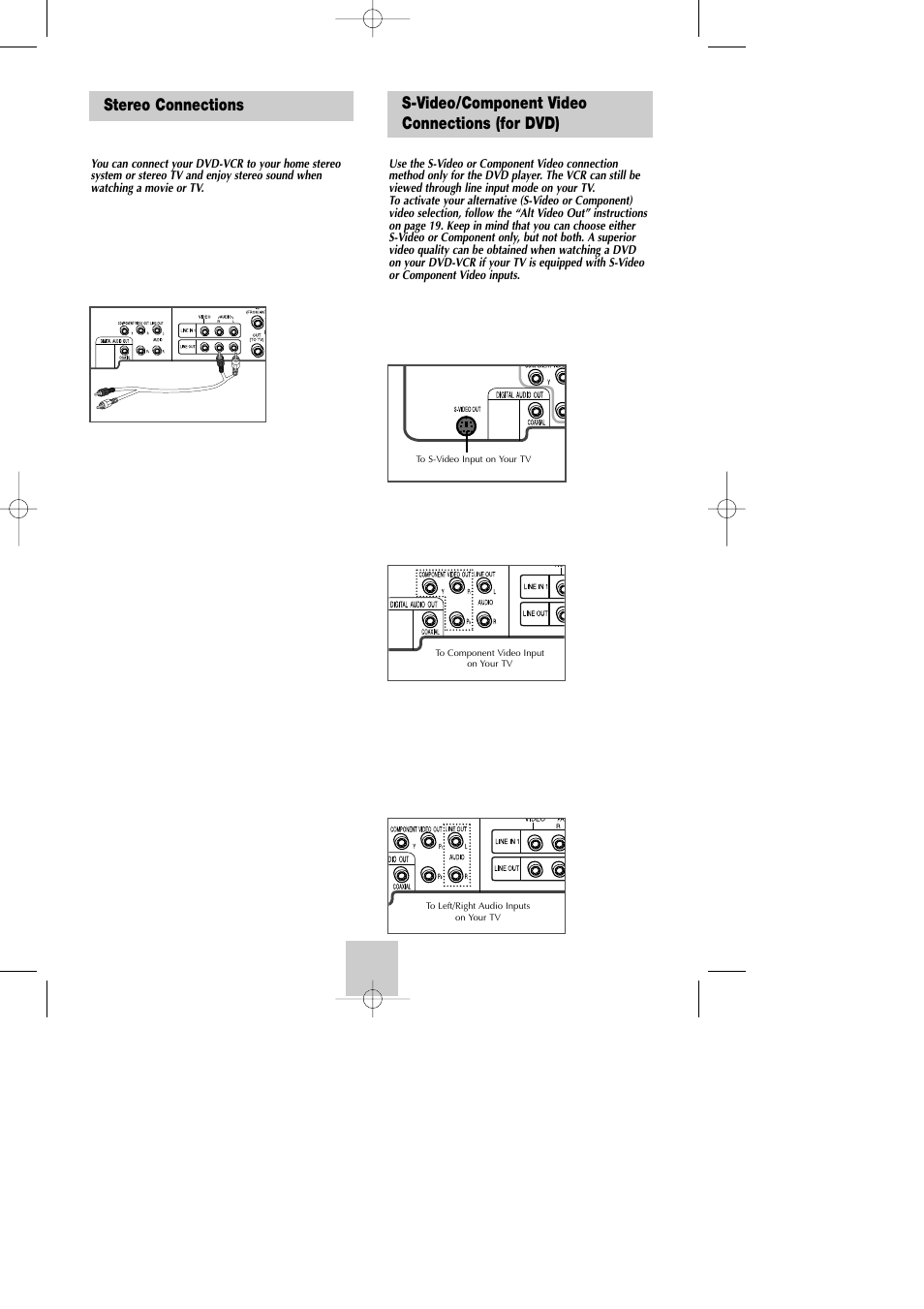 Advanced connections, Stereo connections, S-video/component video connections (for dvd) | Samsung DVD-V4600A-XAA User Manual | Page 8 / 36