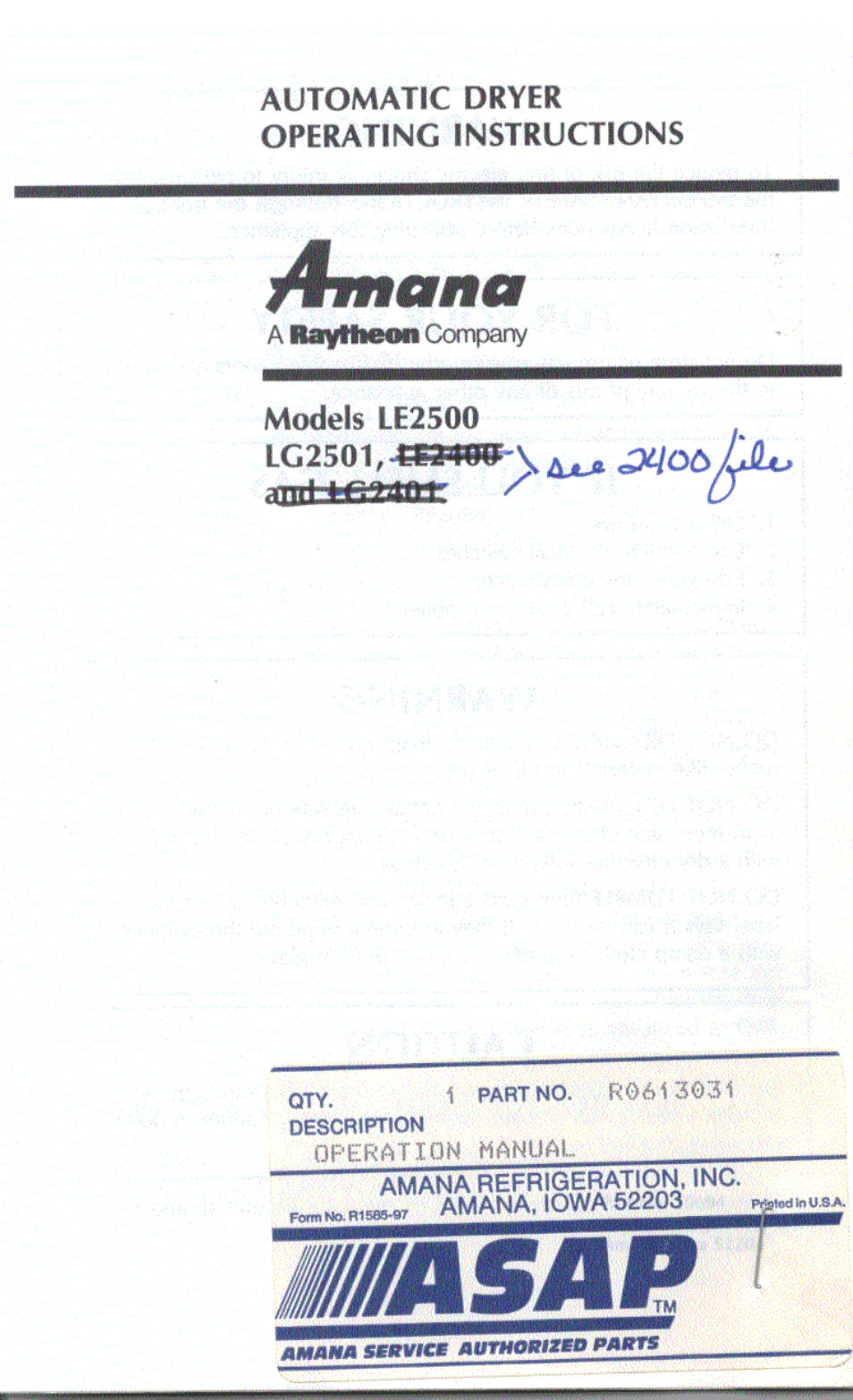 Amana LG2501 User Manual | 7 pages