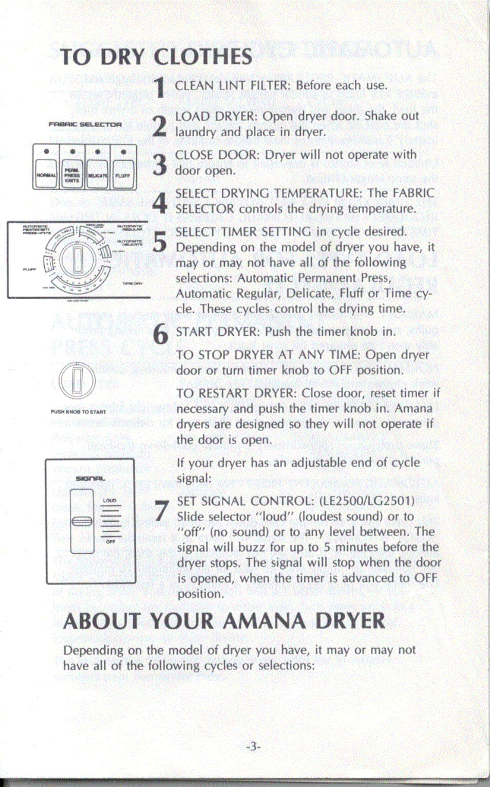 To dry clothes, About your amana dryer | Amana LG2501 User Manual | Page 2 / 7