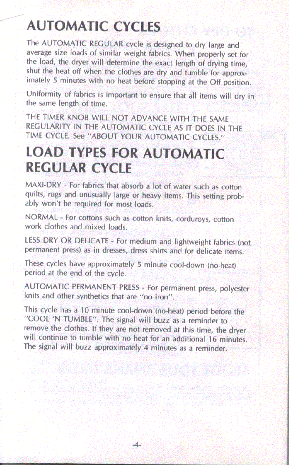 Automatic cycles, Load types for automatic regular cycle | Amana LG2501 User Manual | Page 3 / 7