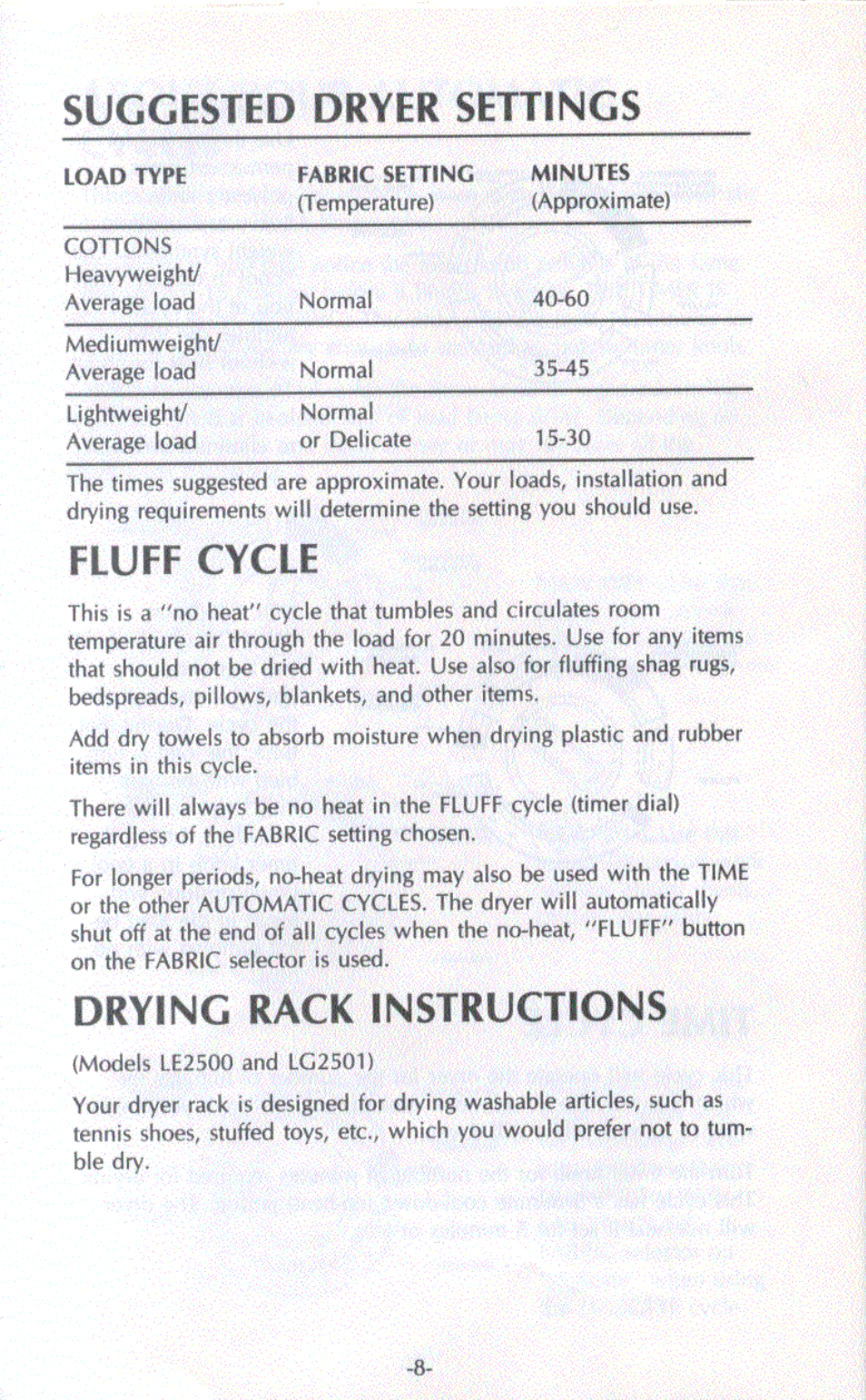 Suggested dryer settings, Fluff cycle, Drying rack instructions | Amana LG2501 User Manual | Page 7 / 7
