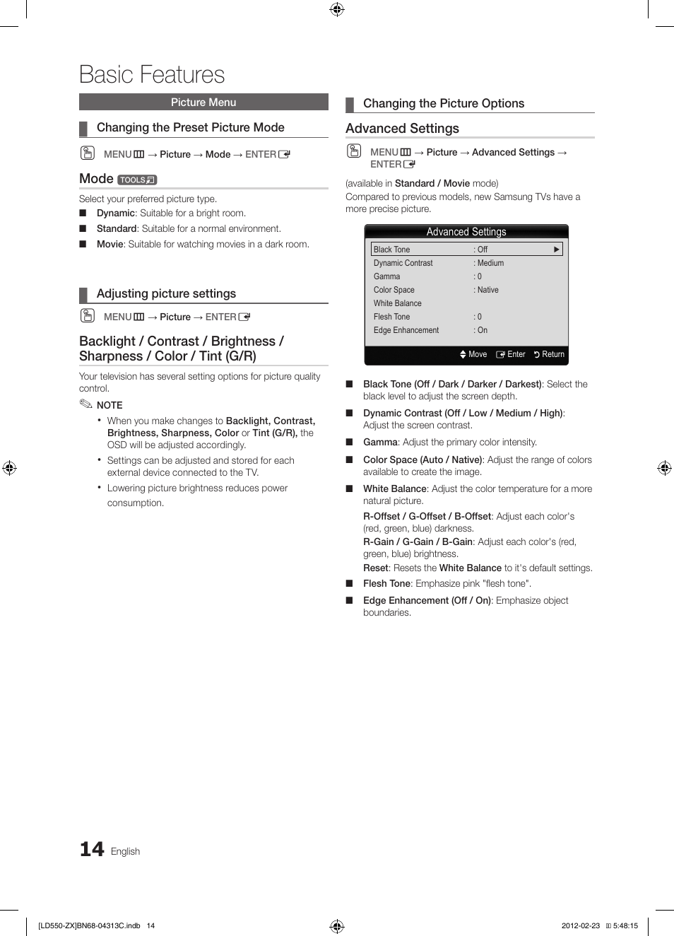 Basic features, Mode, Advanced settings | Samsung LN40E550F7FXZA User Manual | Page 14 / 62