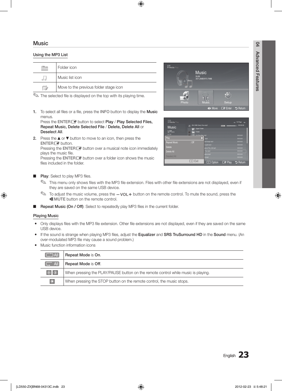 Music, 03 basic featur es, 04 advanced featur es | Photo, English | Samsung LN40E550F7FXZA User Manual | Page 23 / 62