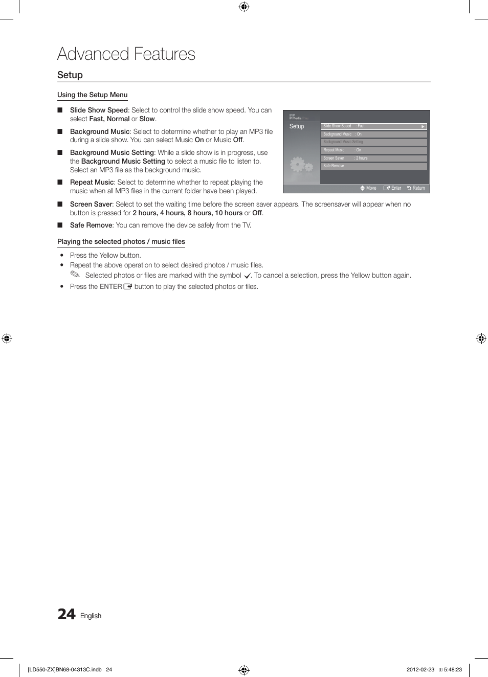 Advanced features, Setup, Photo | Music, English | Samsung LN40E550F7FXZA User Manual | Page 24 / 62