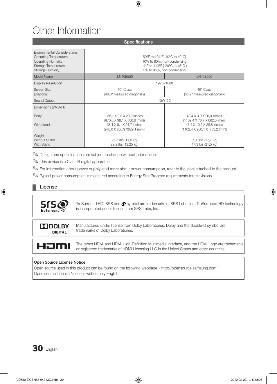 Other information | Samsung LN40E550F7FXZA User Manual | Page 30 / 62