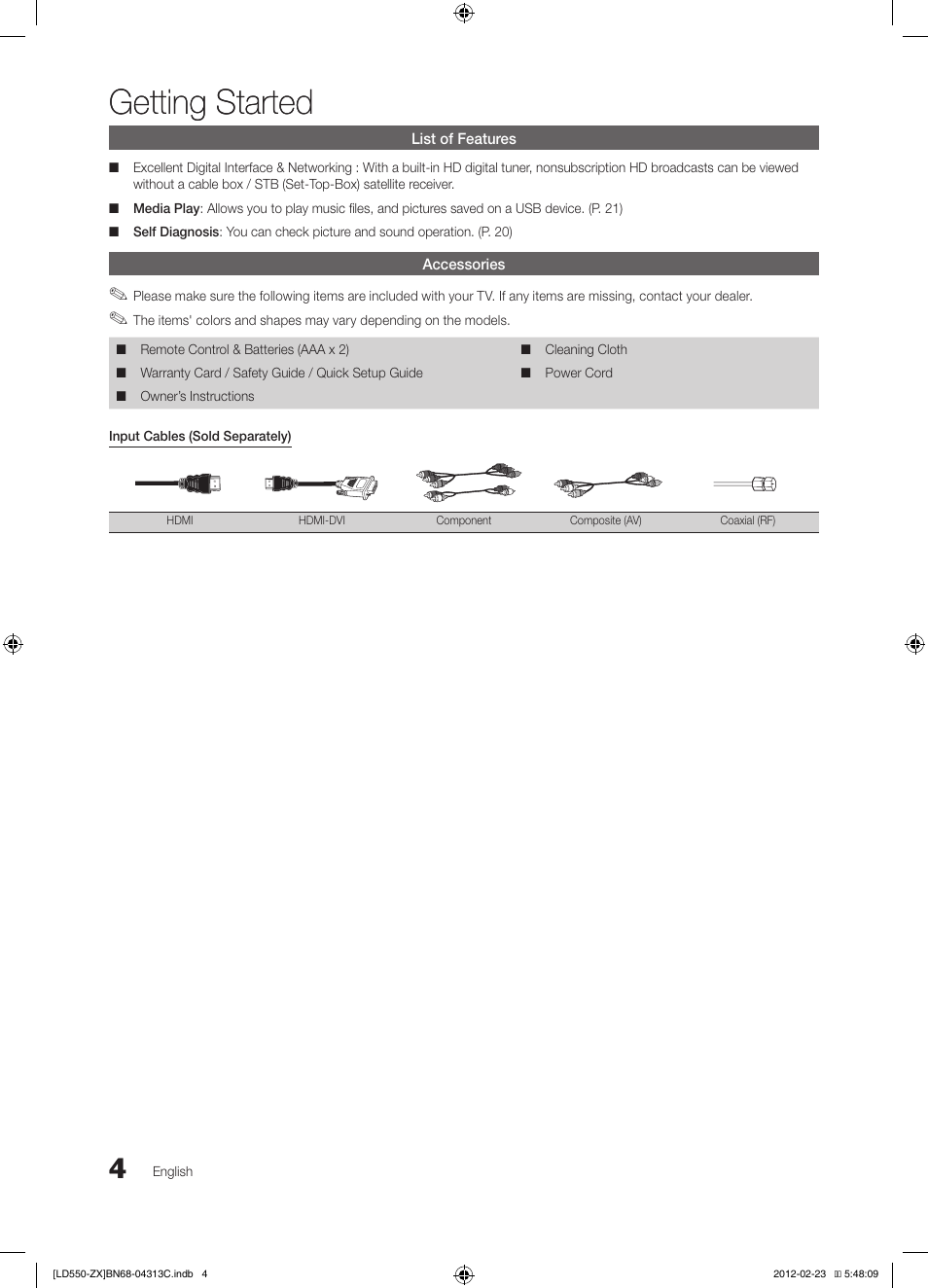 Getting started | Samsung LN40E550F7FXZA User Manual | Page 4 / 62