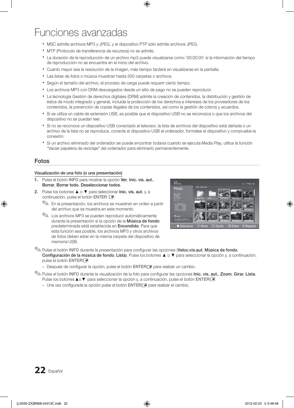 Funciones avanzadas, Fotos | Samsung LN40E550F7FXZA User Manual | Page 52 / 62