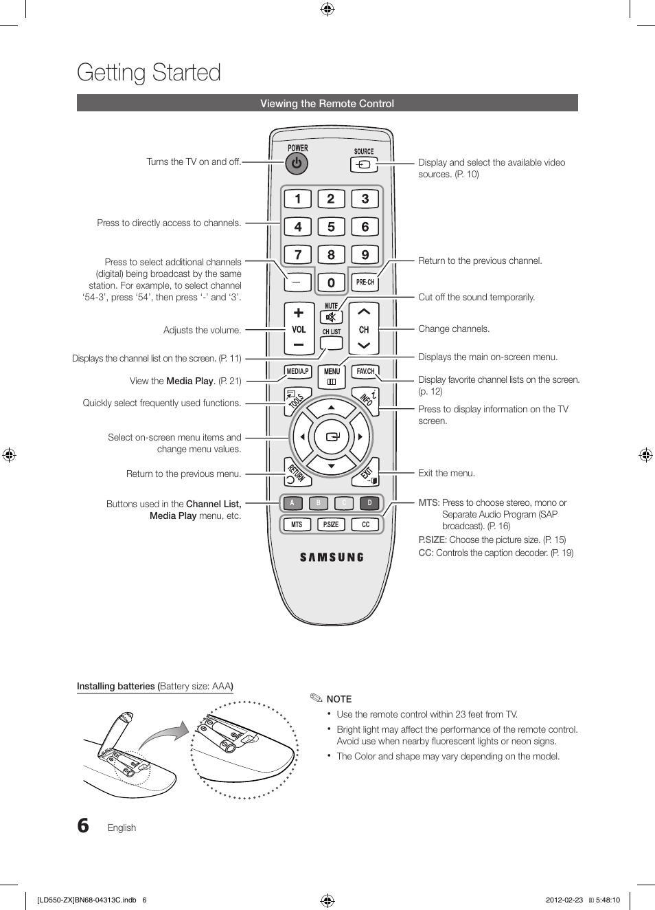 Getting started | Samsung LN40E550F7FXZA User Manual | Page 6 / 62