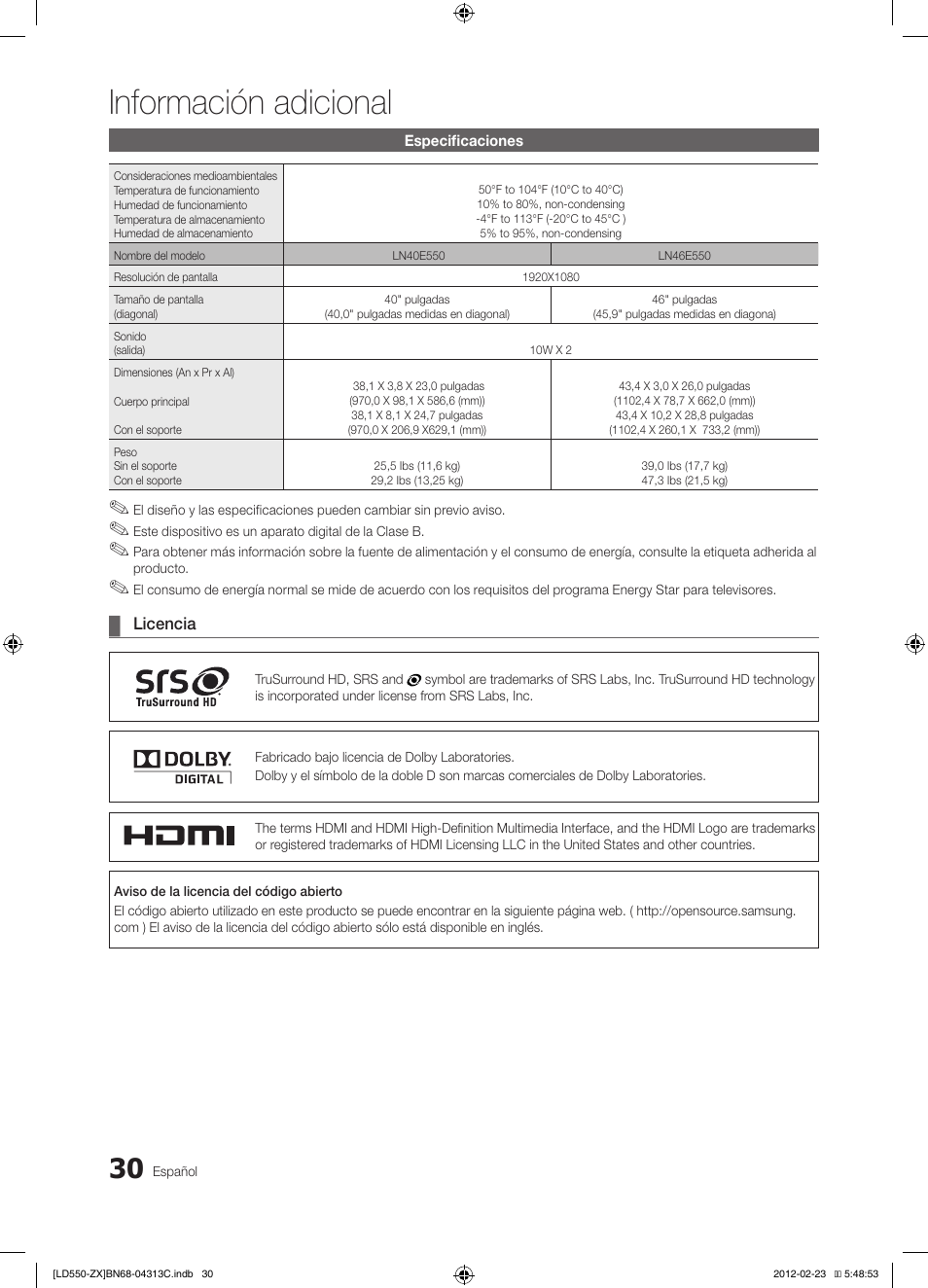 Información adicional | Samsung LN40E550F7FXZA User Manual | Page 60 / 62