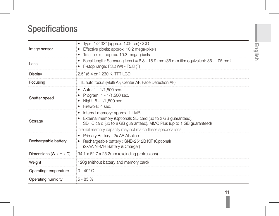 Specifications | Samsung EC-SL30ZBBA-US User Manual | Page 11 / 22