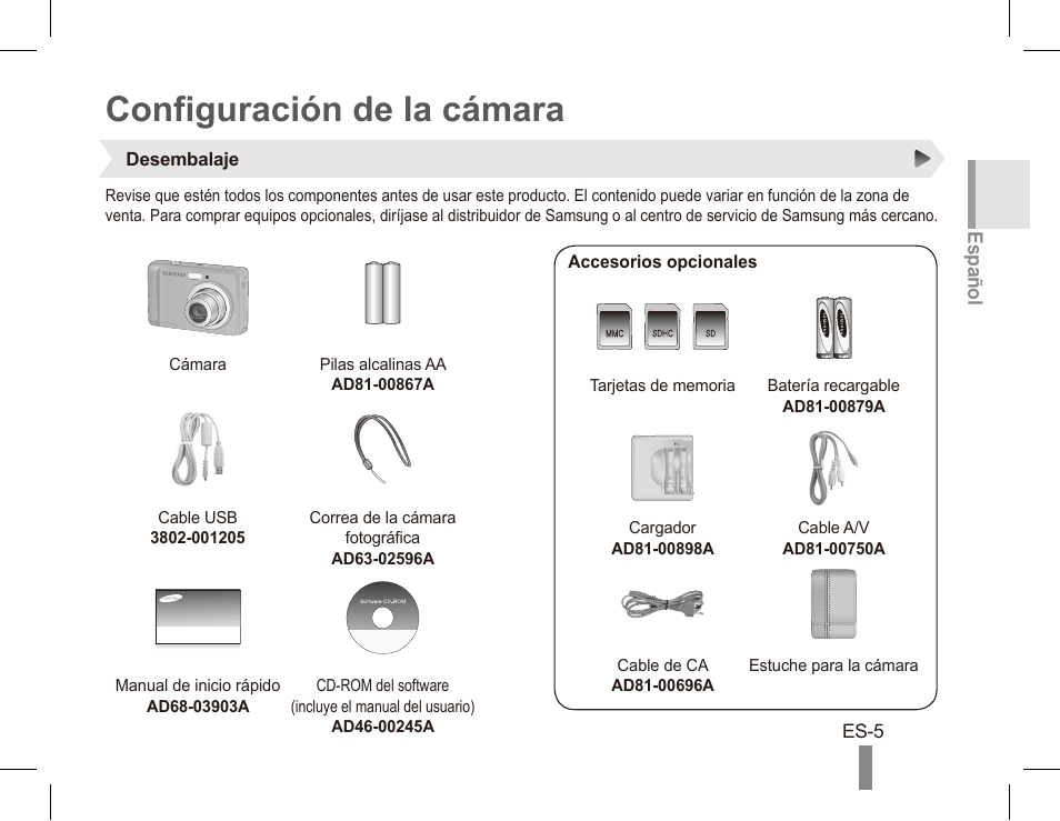 Configuración de la cámara | Samsung EC-SL30ZBBA-US User Manual | Page 15 / 22