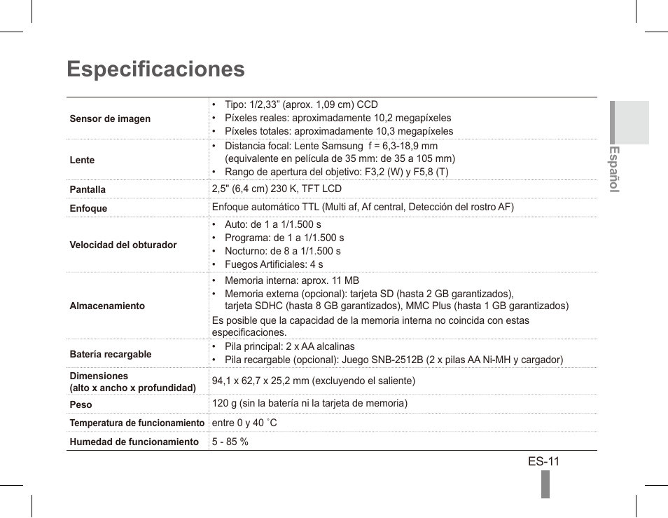 Especificaciones | Samsung EC-SL30ZBBA-US User Manual | Page 21 / 22