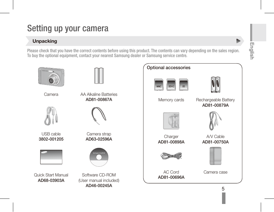 Setting up your camera | Samsung EC-SL30ZBBA-US User Manual | Page 5 / 22