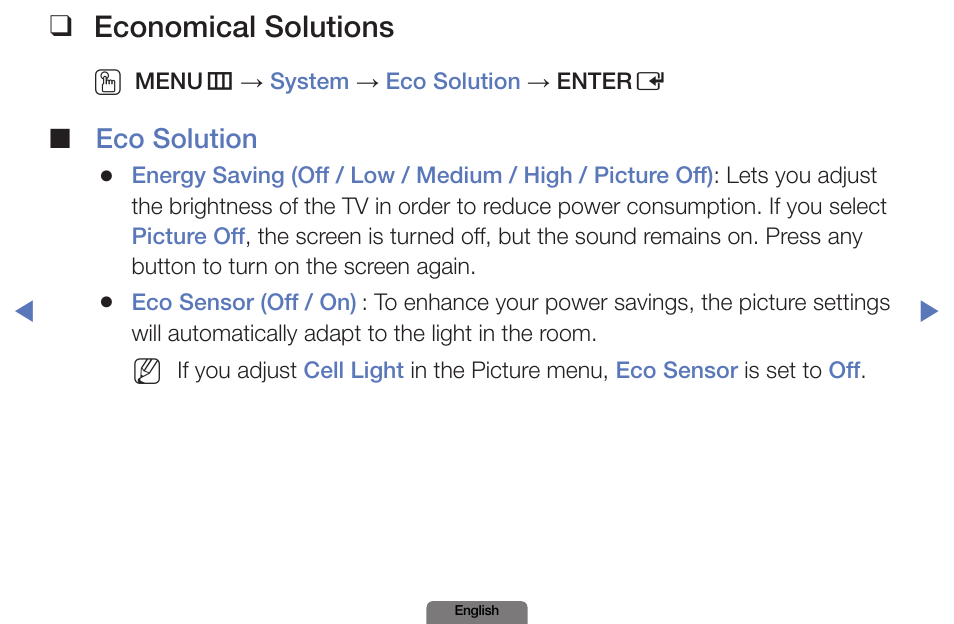 Economical solutions, Eco solution | Samsung PN51E490B4FXZA User Manual | Page 105 / 195