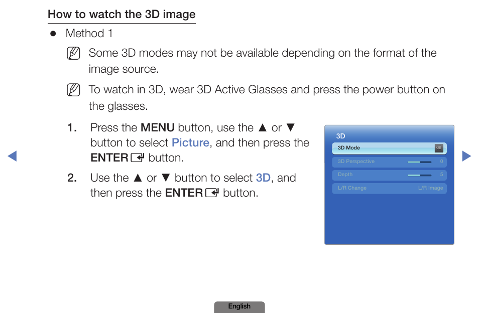 How to watch the 3d image, Method 1 | Samsung PN51E490B4FXZA User Manual | Page 138 / 195