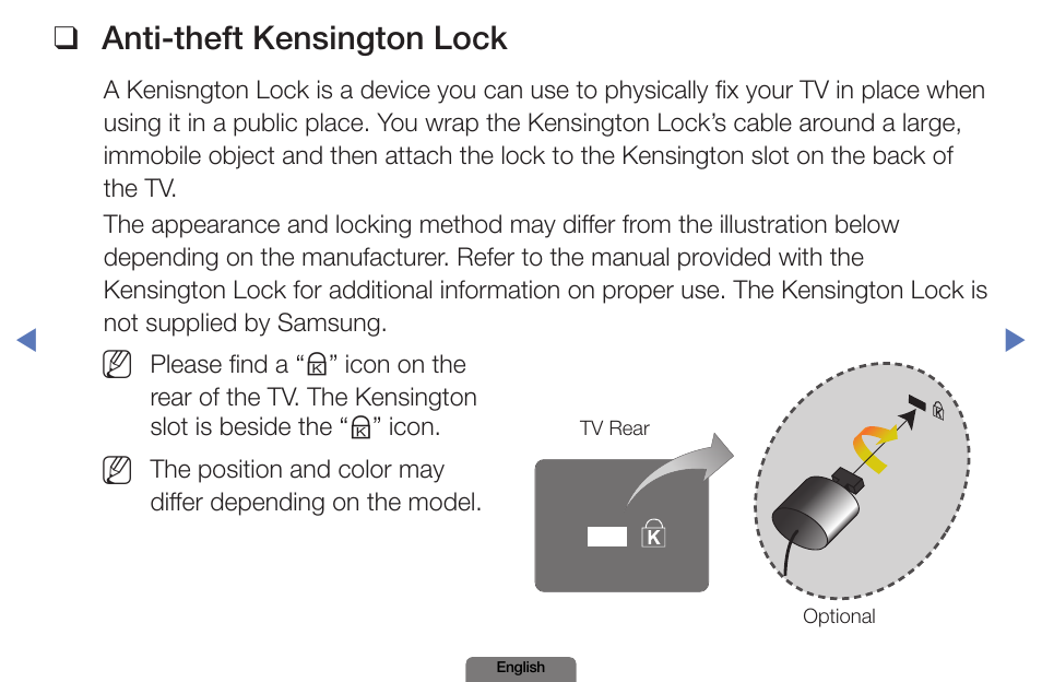 Anti-theft kensington lock | Samsung PN51E490B4FXZA User Manual | Page 192 / 195