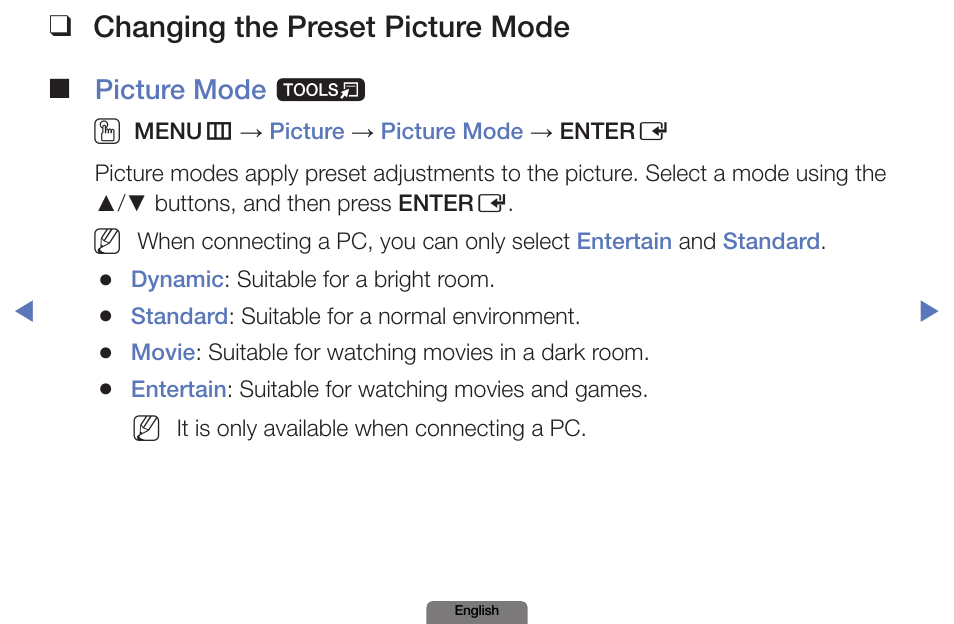 Changing the preset picture mode, Basic features | Samsung PN51E490B4FXZA User Manual | Page 21 / 195