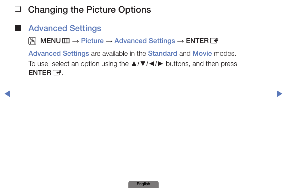 Changing the picture options, Advanced settings o | Samsung PN51E490B4FXZA User Manual | Page 28 / 195