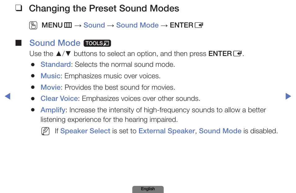 Changing the preset sound modes, Sound mode t | Samsung PN51E490B4FXZA User Manual | Page 35 / 195