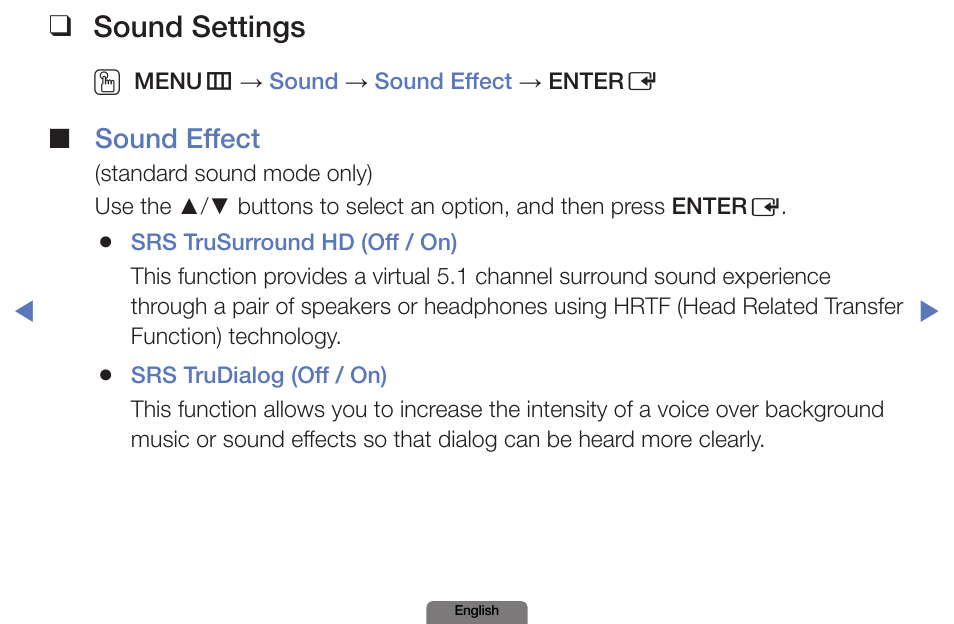 Sound settings, Sound effect | Samsung PN51E490B4FXZA User Manual | Page 36 / 195