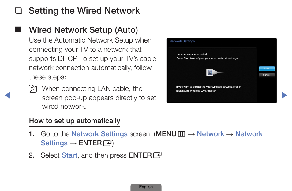 Setting the wired network, Wired network setup (auto) | Samsung PN51E490B4FXZA User Manual | Page 60 / 195